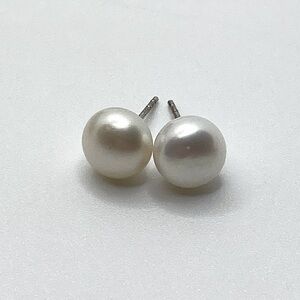 Vtg Sterling Silver Freshwater Pearl Button Shaped Stud Earrings - 9mm